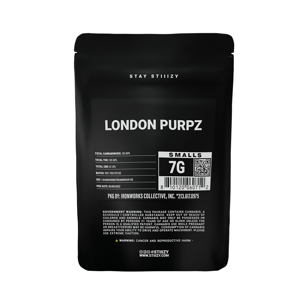 A black label bag showcases 7 grams of cannabis flower from the London Purpz strain.
