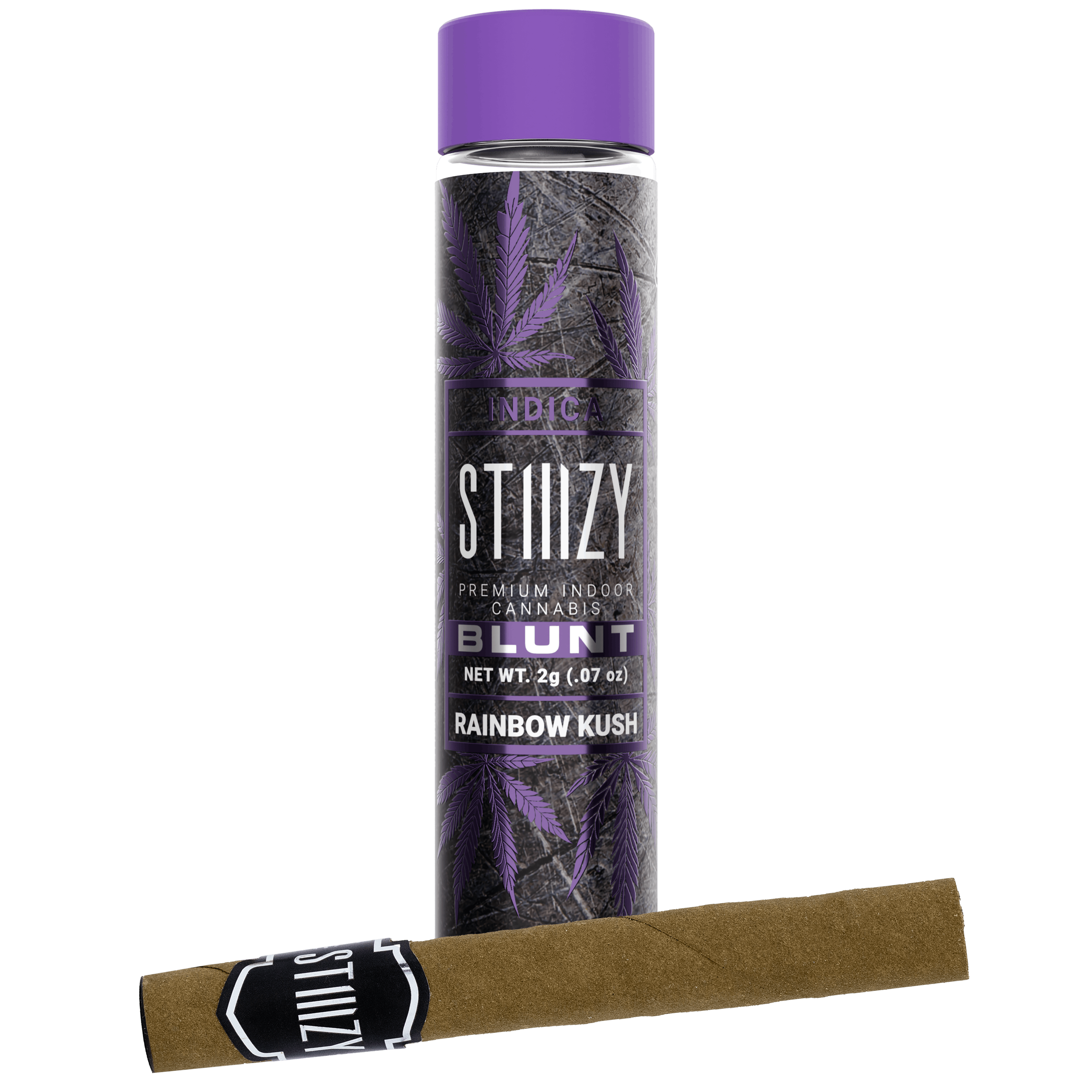 A cannabis blunt with flower from the Rainbow Kush strain lies in front of its purple-capped jar.