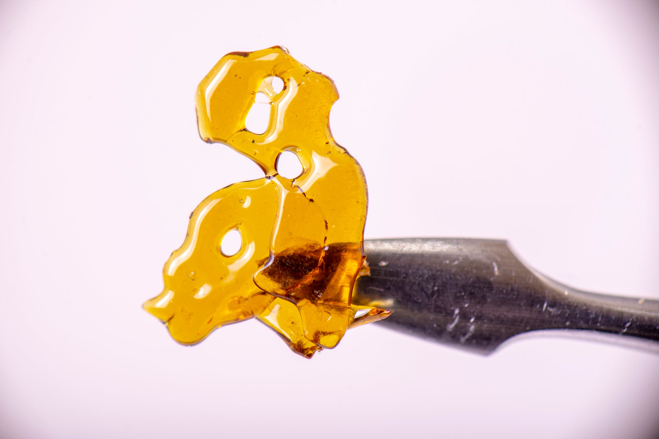A flat, glassy, amber dab called shatter is served on a dabbing tool.
