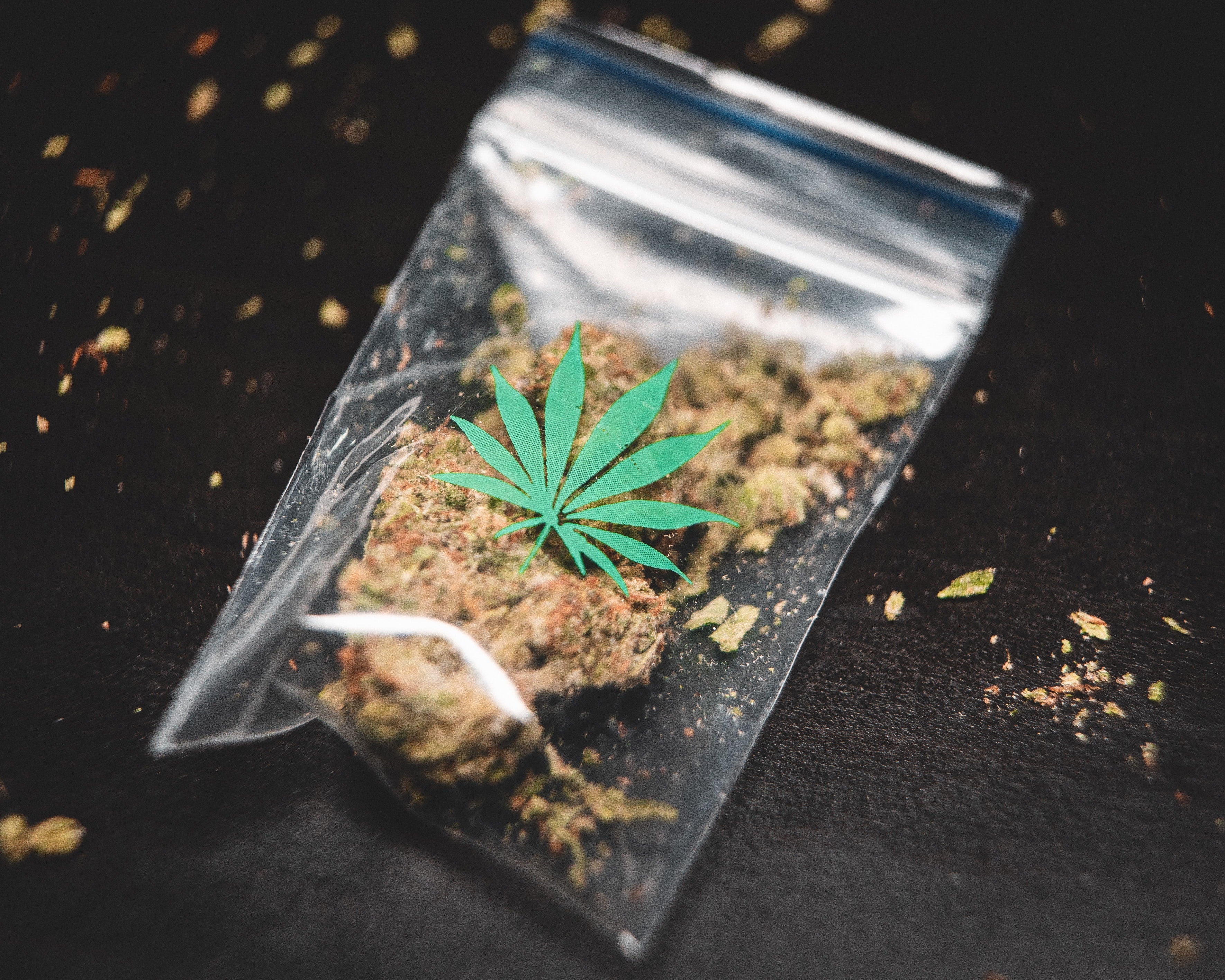 A small bag with a cannabis flower nug inside is from a specific strain of weed.