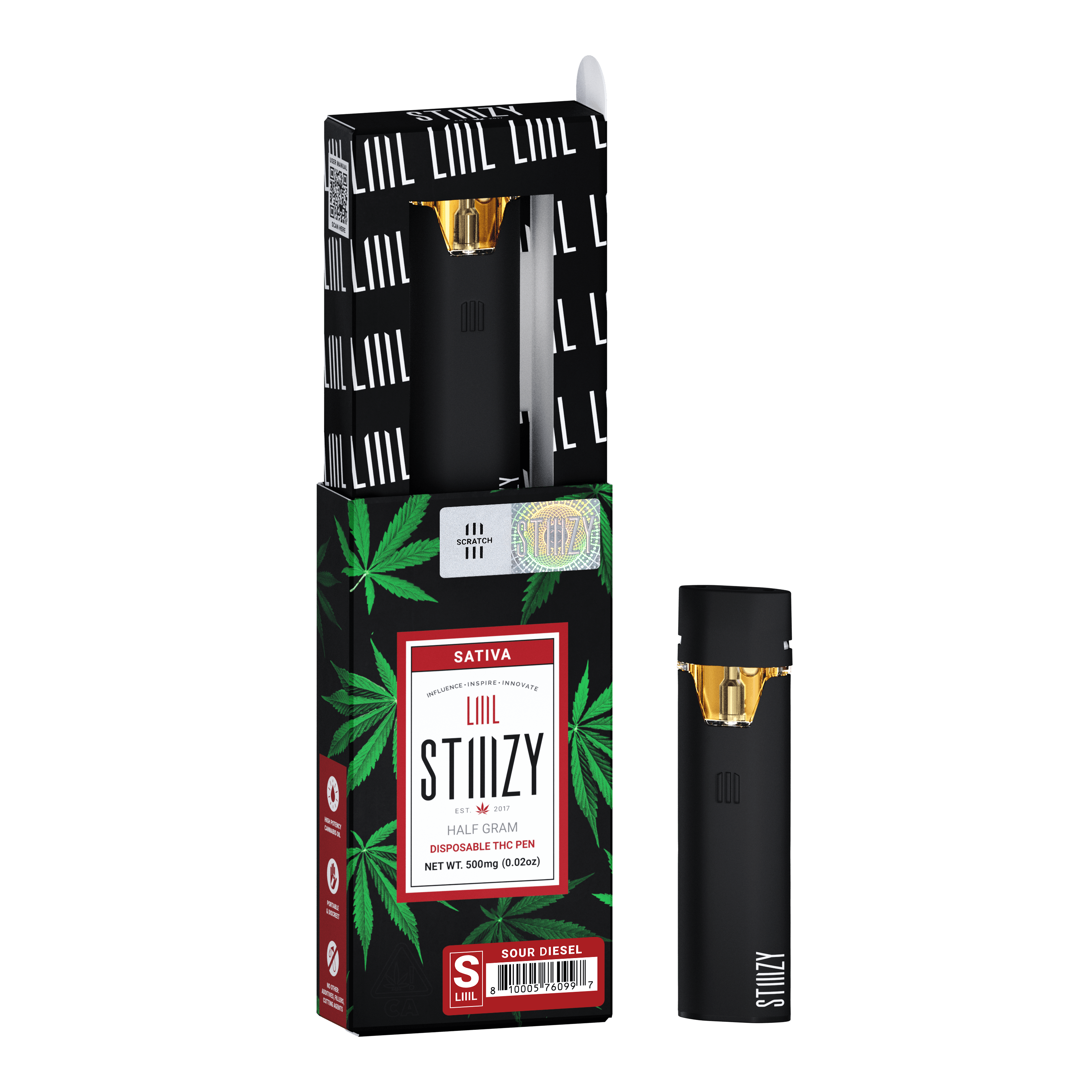 Two disposable weed pens with distillate from the Sour Diesel strain are showcased with their black, red, and green box.