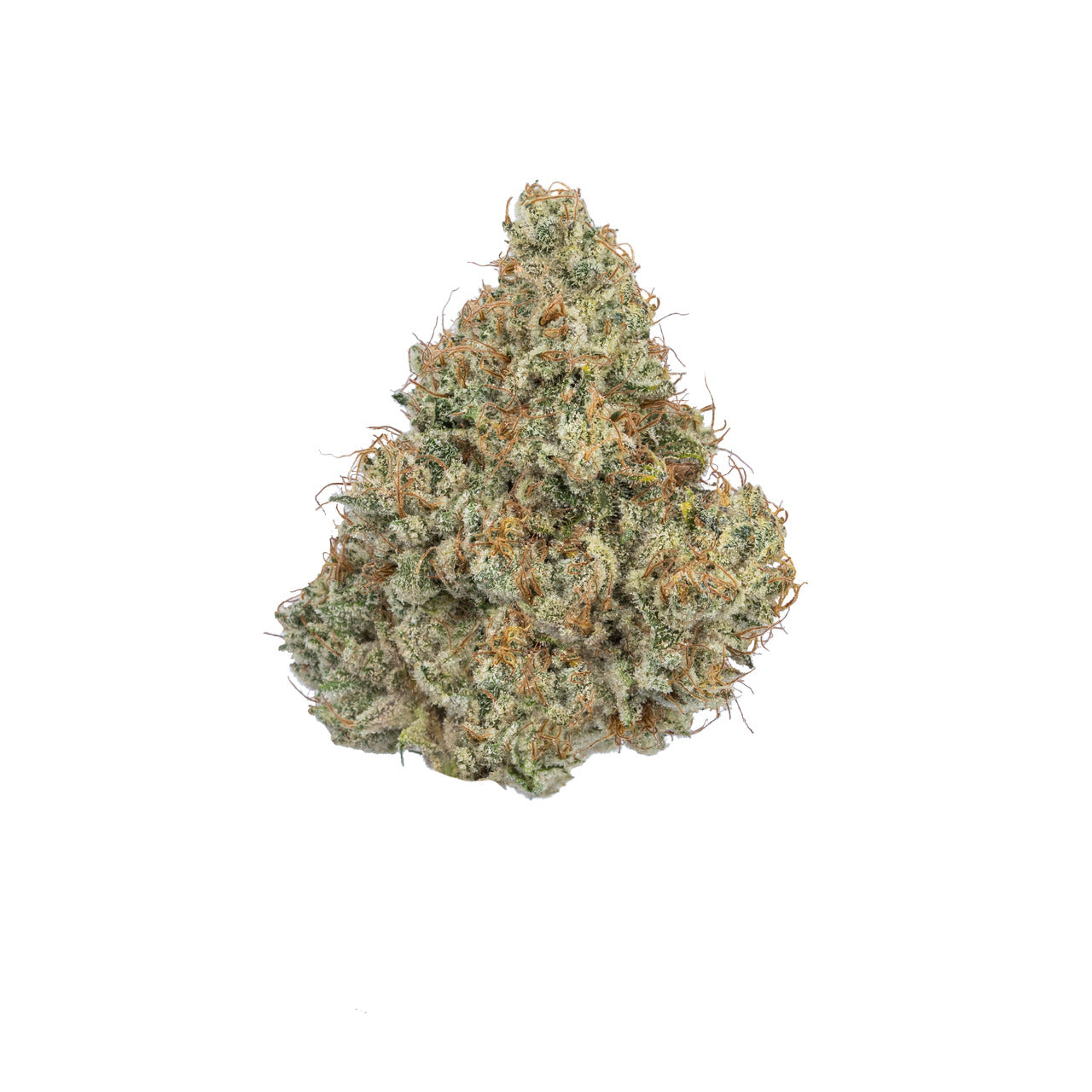 A strawberry-shaped nug of cannabis flower from the Strawnana weed strain sits in front of a white background.