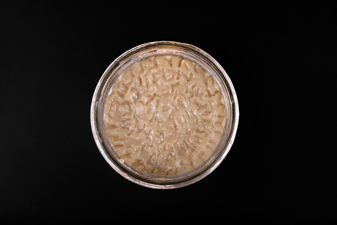 A glass jar with thick solventless live rosin badder sits on a black surface.