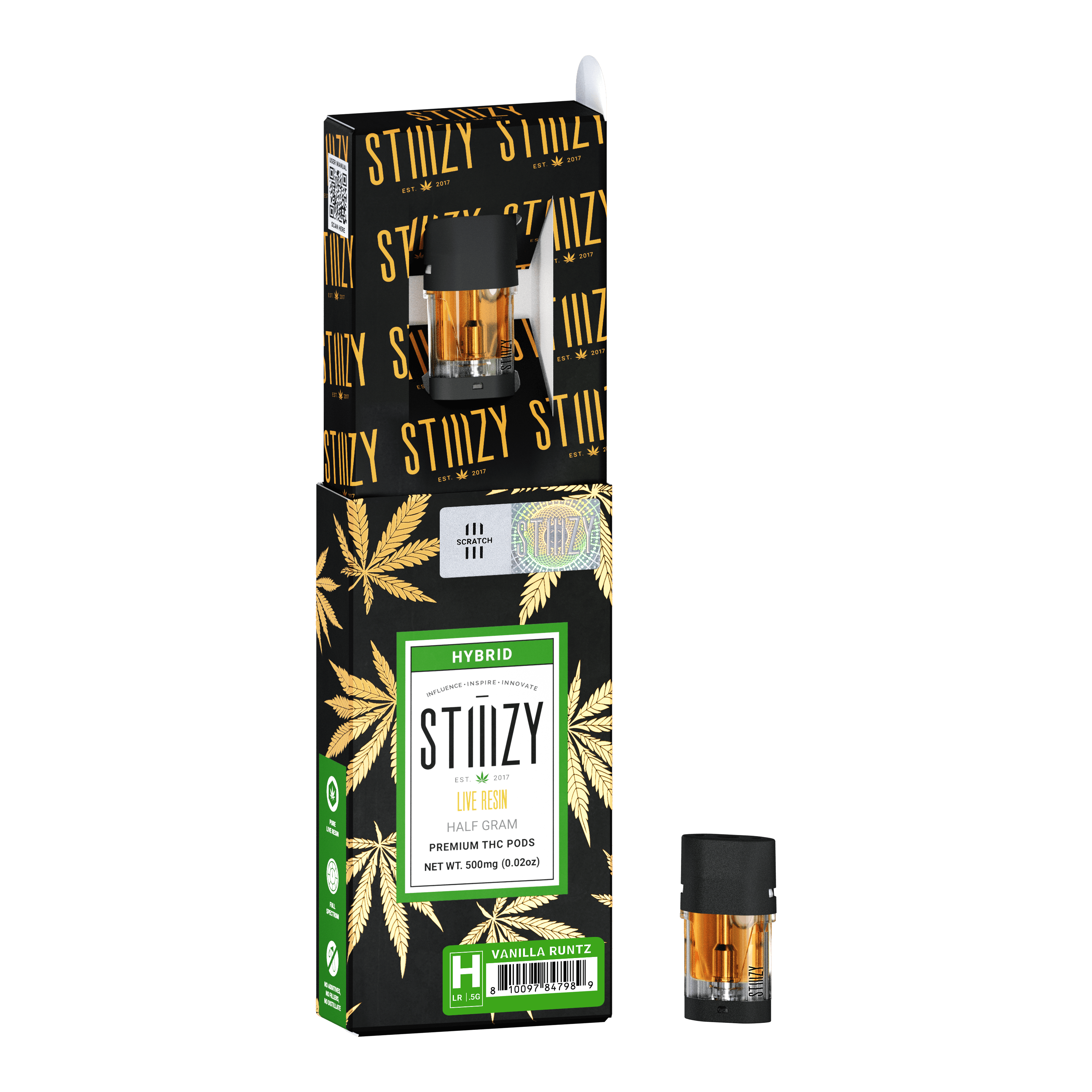 One-half live resin weed vape pods derived from the Vanilla Runtz weed strain are inside and outside of their black box.
