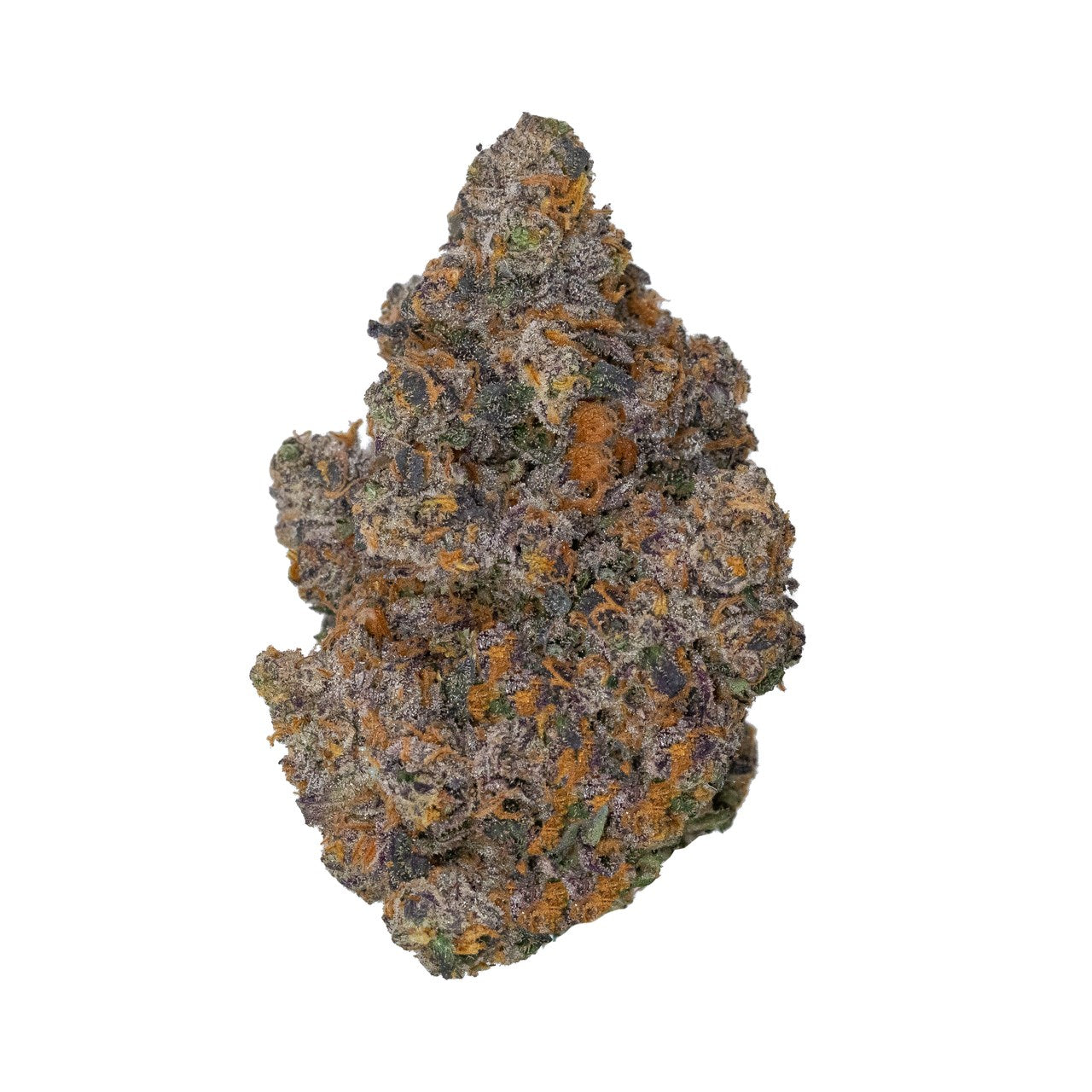 A nug of cannabis flower from the Wedding Cake weed strain sits in front of a white background.