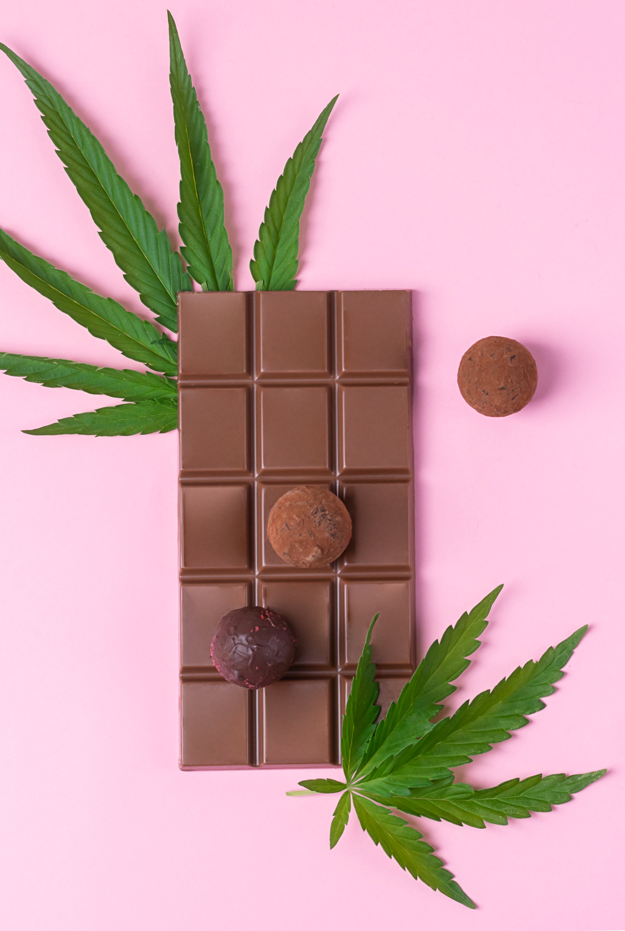 Weed edibles like this whole chocolate bar stand next to a cannabis flower leaf on a pink surface.