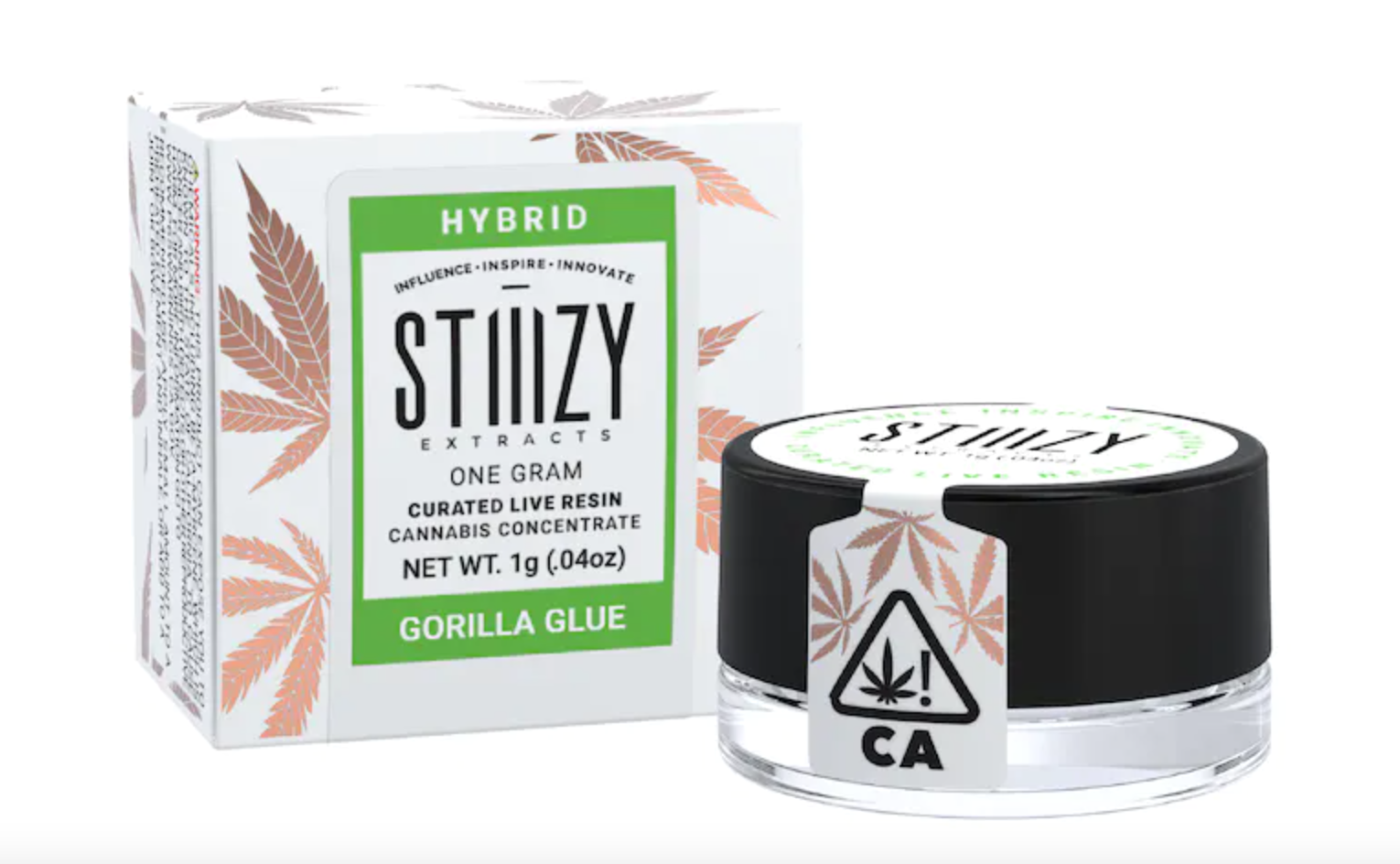 Curated live resin derived from the Gorilla Glue strain is showcased in its glass jar next to its pink and white box.