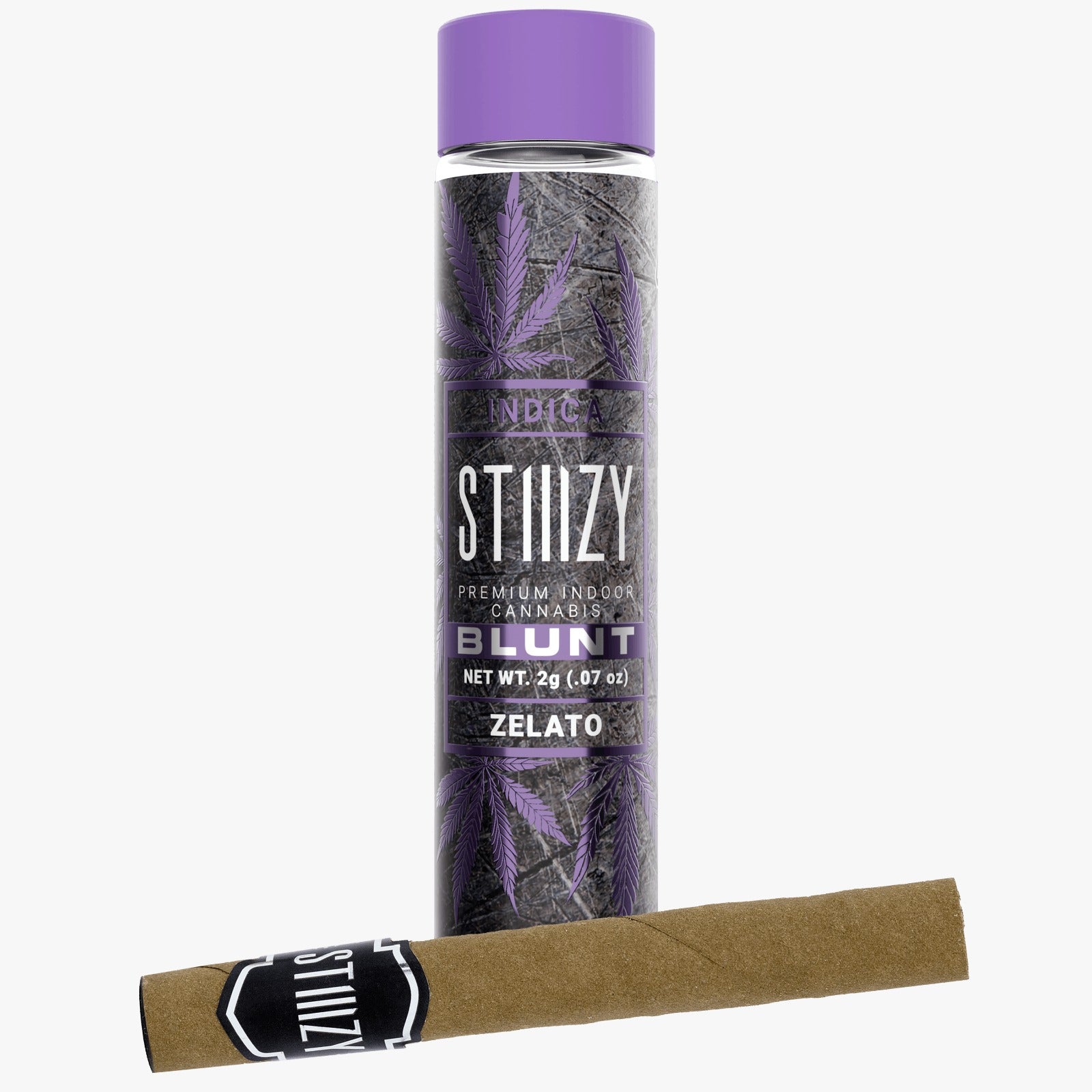A blunt rolled with indica cannabis flower from the Zelato strain lies in front of its purple-capped STIIIZY jar.