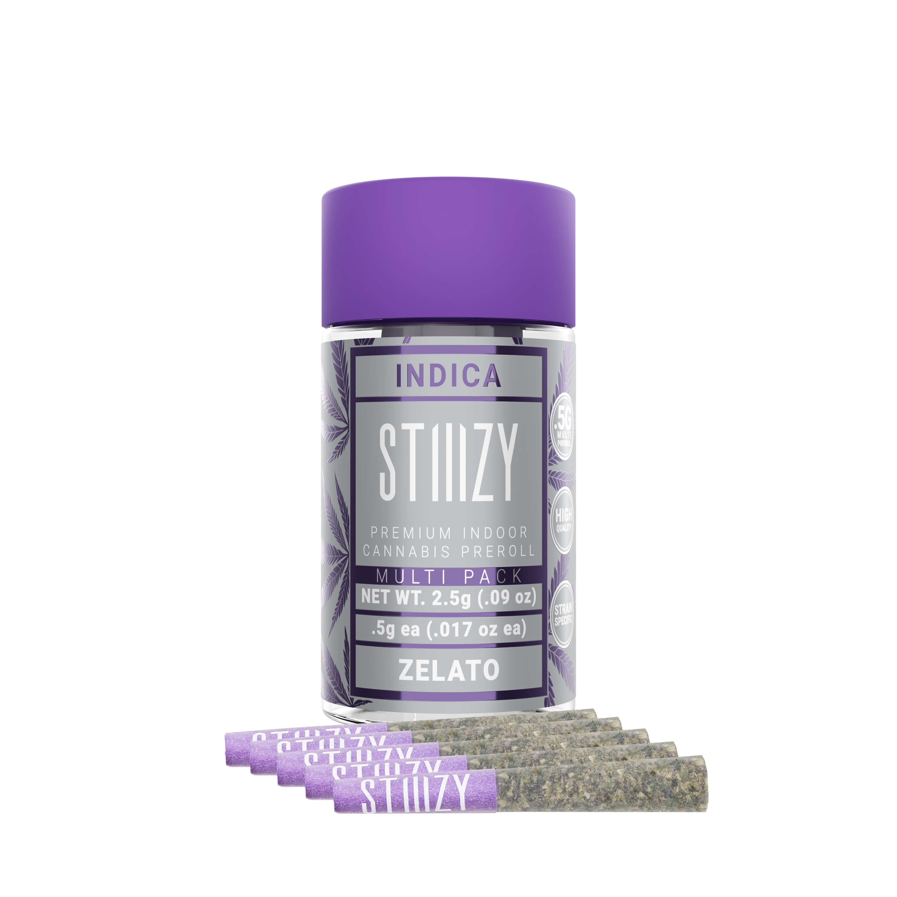 Pre-rolls with cannabis flower from the Zelato strain lie in front of their purple-capped jar.