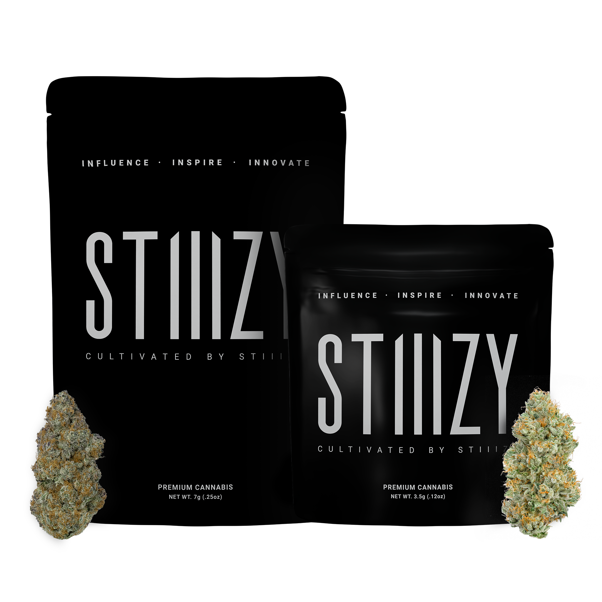 Two nugs of cannabis flower lean against a black STIIIZY mylar bag with the zelato strain.