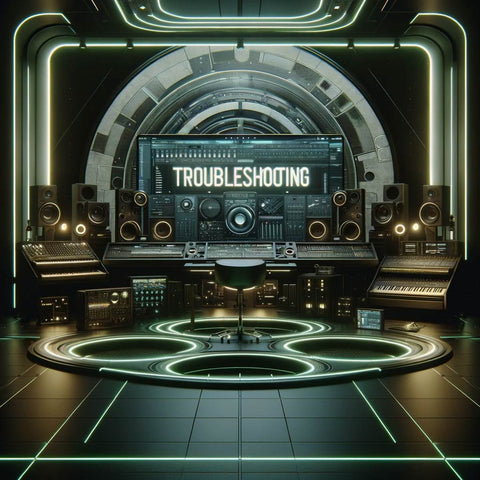 A futuristic music studio with a dark theme, highlighted by subtle light green lighting - troubleshooting text displayed