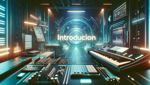Thematic dark-themed landscape image showcasing digital music elements like synthesizers, symbolizing introduction of free sample packs
