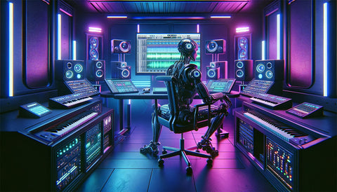 robot sitting in chair in futuristic music studio focusing on computer screen
