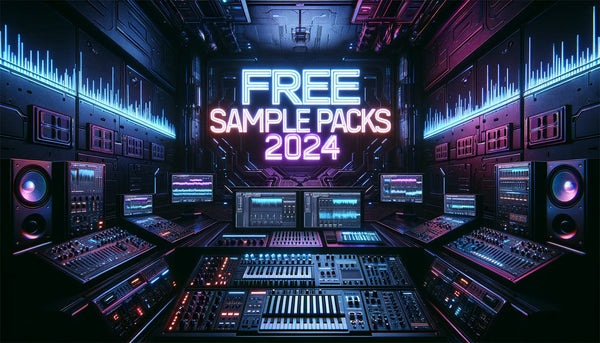 Thematic dark-themed landscape image showcasing digital music elements like waveforms and synthesizers, symbolizing free EDM sample packs for 2024
