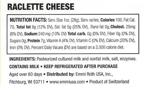 Nutrition Label for Emmi Raclette Cheese