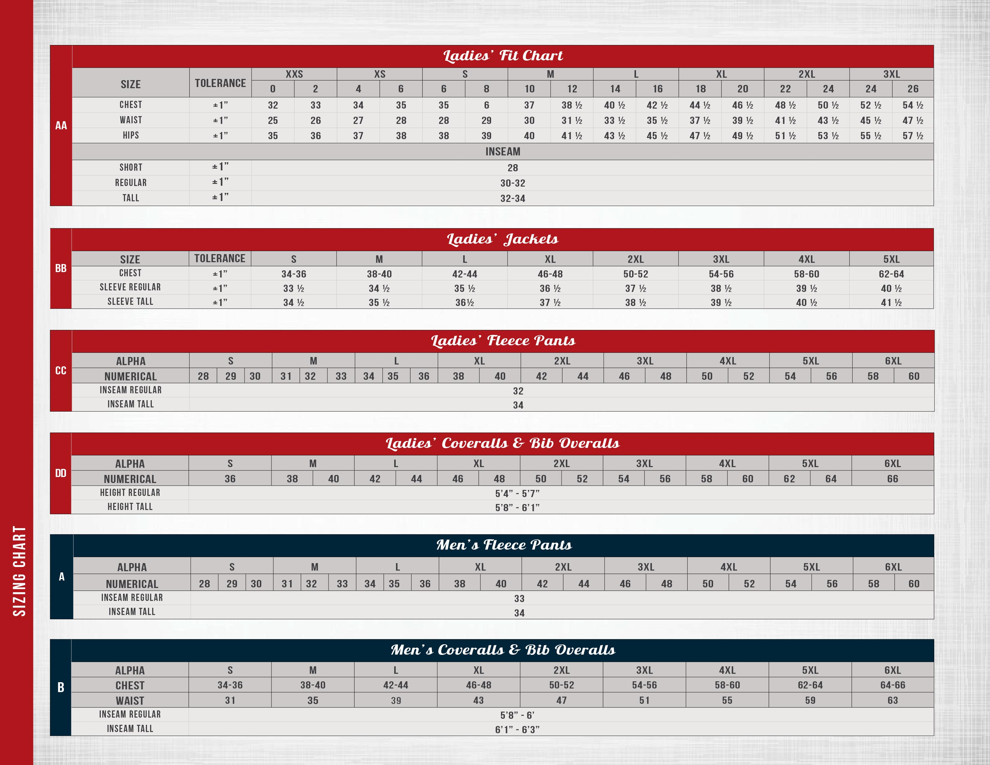 Big Bill FR Fire Retardant Clothing Size Chart - 1