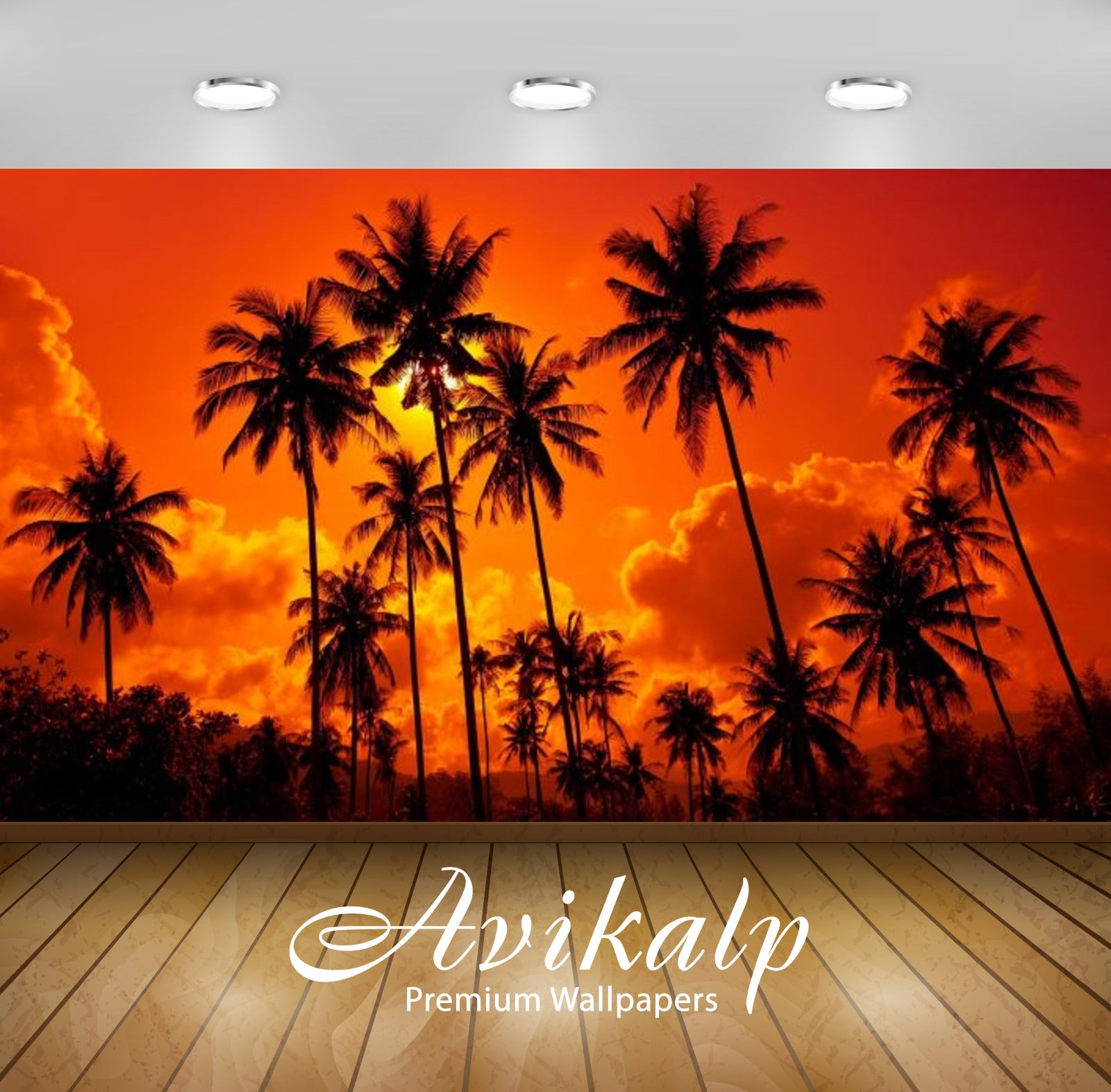 Avikalp Exclusive Awi2538 Crveno Sunset Sky With Palm Full HD Wallpapers for Living room, Hall, Kids