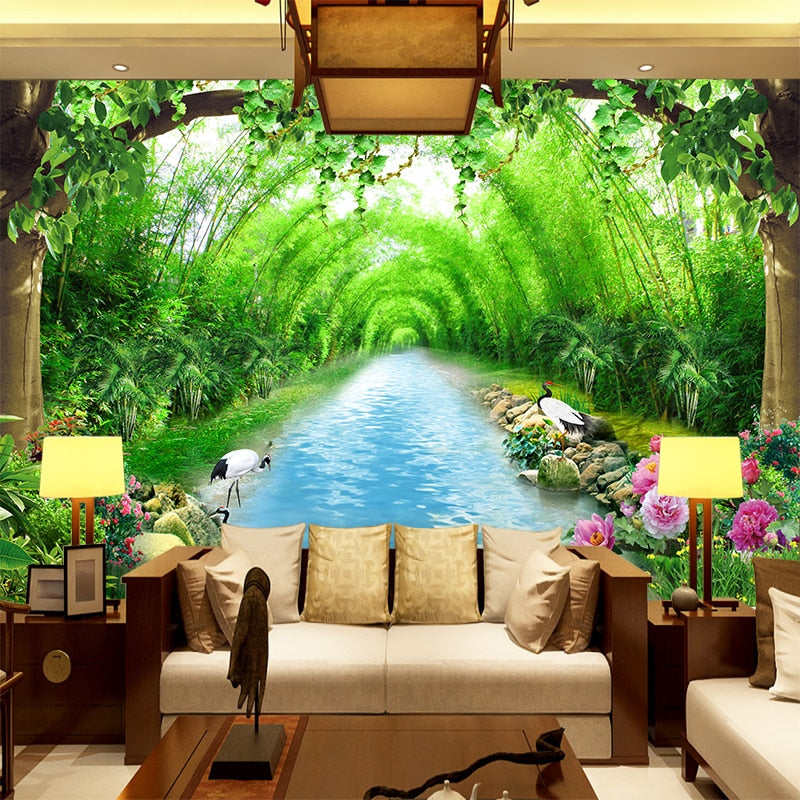 Avikalp Custom Mural Nature Landscape Small Creek Bamboo Grove Stream Water 3d Wallpaper Bedroom