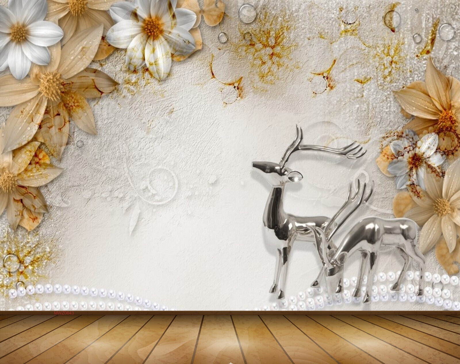 Avikalp MWZ0643 Deers White Golden Flowers 3D HD Wallpaper