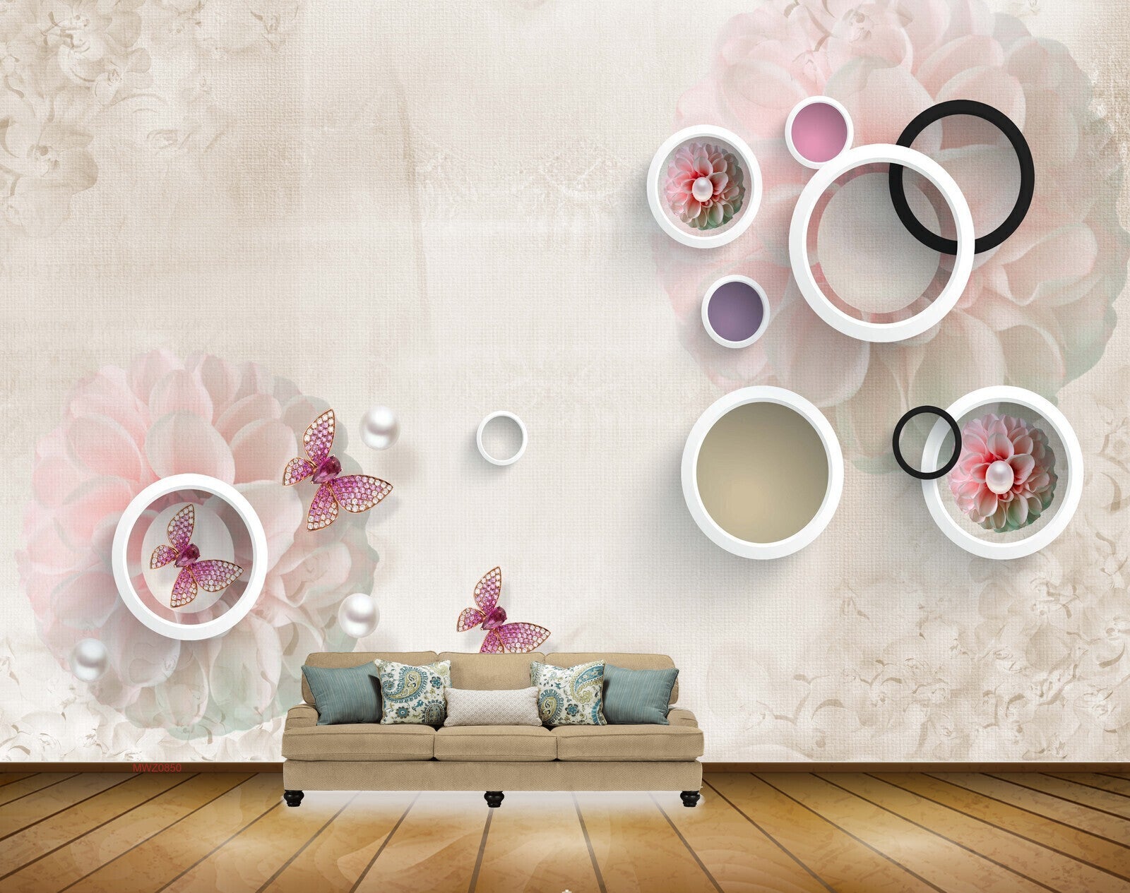 Avikalp MWZ0850 Pink Whiite Flowers Butterflies 3D HD Wallpaper