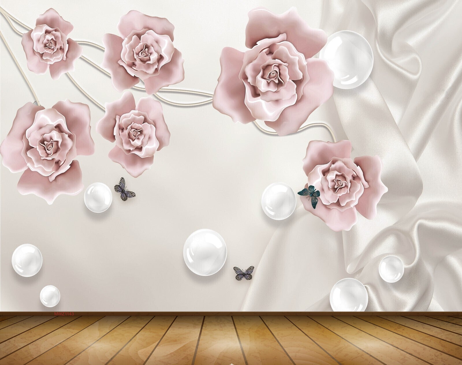 Avikalp MWZ1143 Pink Flowers Butterlies Pearls 3D HD Wallpaper