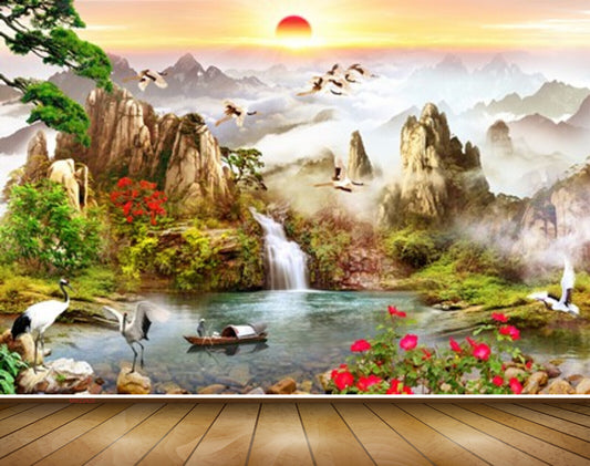 Avikalp MWZ2634 Bamboo Trees Hut Birds River Pond Water Leaves HD Wall –  Avikalp International - 3D Wallpapers