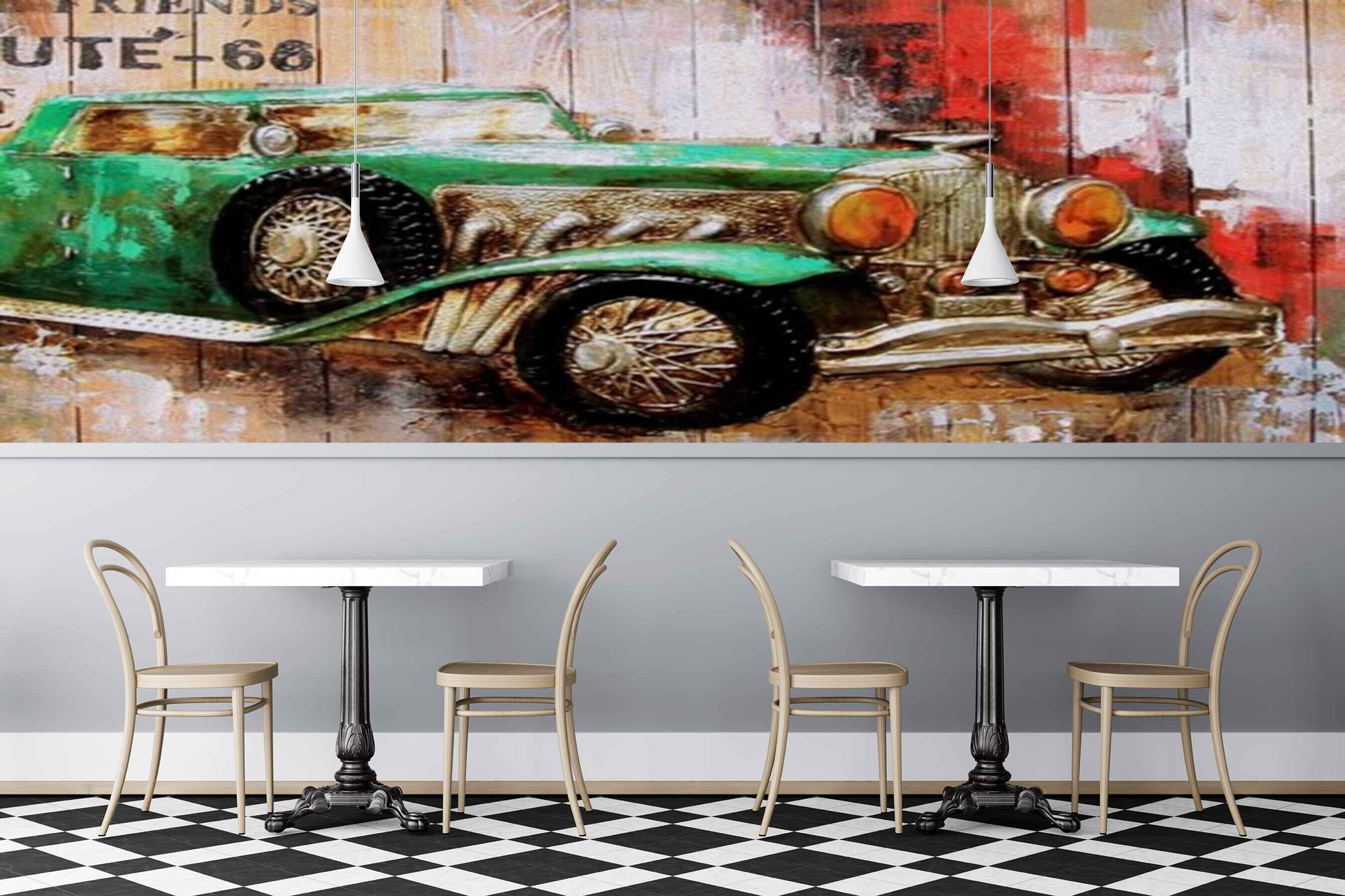 Avikalp MWZ3026 Green Car Wooden Board HD Wallpaper for Cafe Restaurant