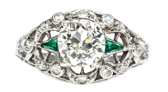 Vintage Diamond Emerald Engagement Ring | Art Deco Unique Emerald Halo Engagement Ring | Weatherford