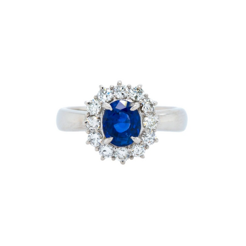 Blue vintage sapphire and diamond halo ring