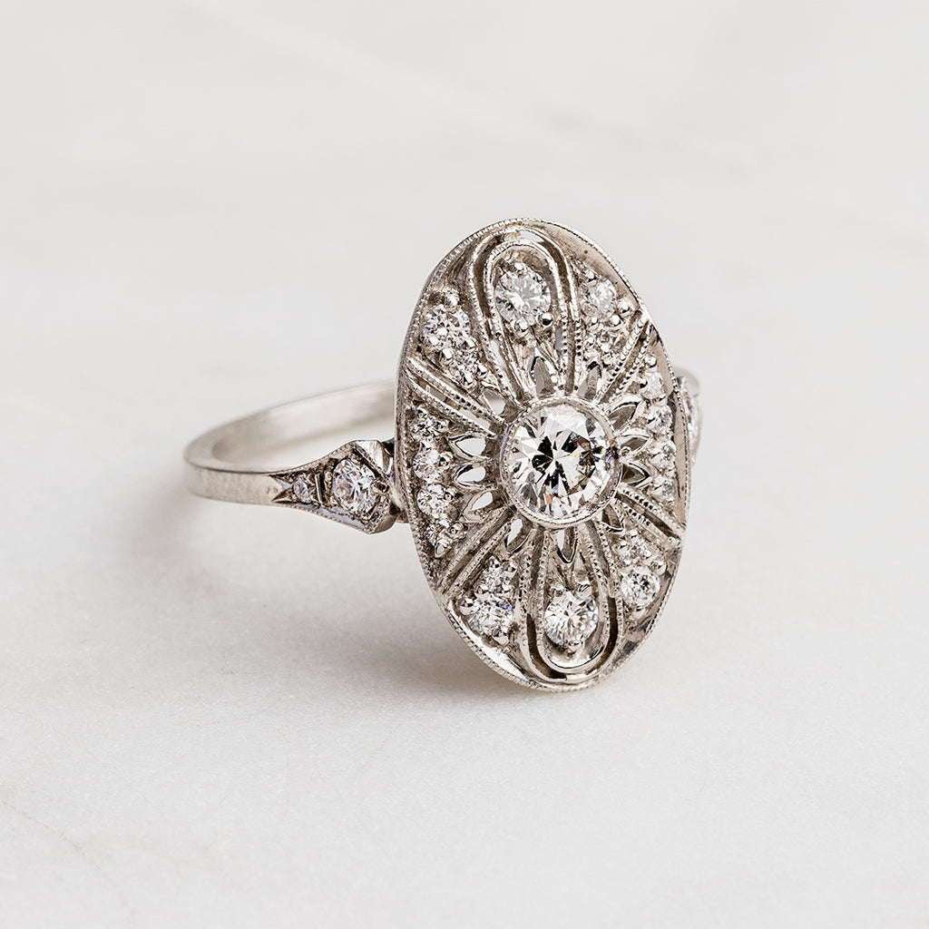 Peachtree | Edwardian era vintage inspired platinum and diamond engagement ring