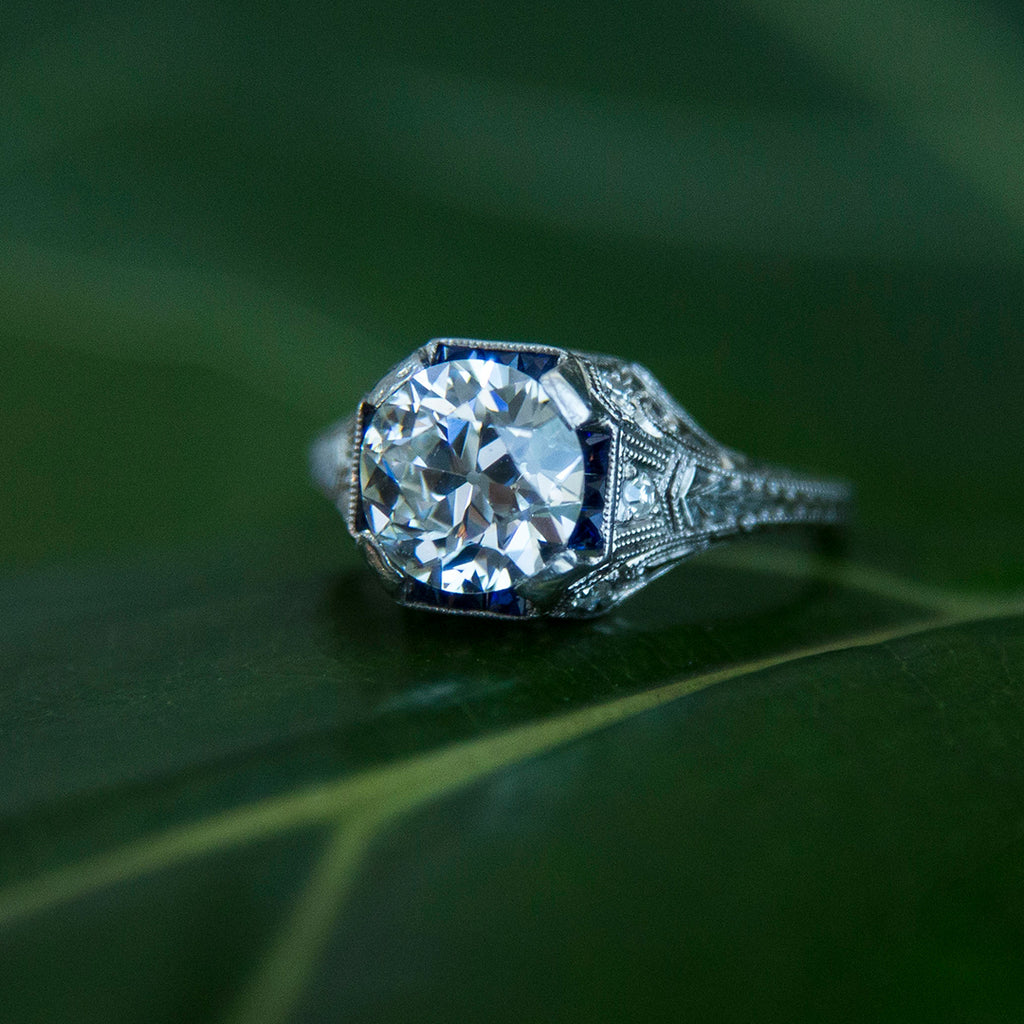 Shafor Park | Authentic Edwardian era platinum and 2ct diamond ring with sapphire accents circa 1910 from Trumpet & Horn 