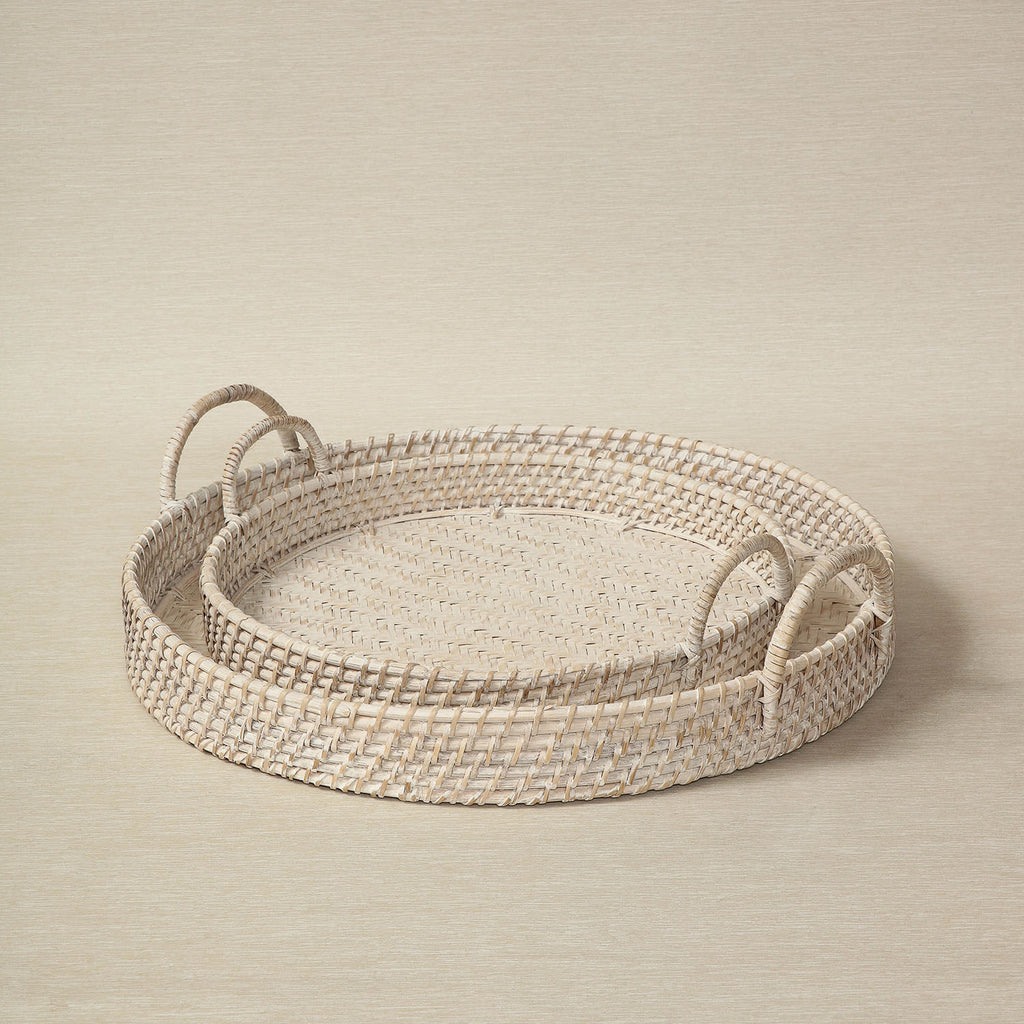 Round white wash rattan tray | Copper Beech