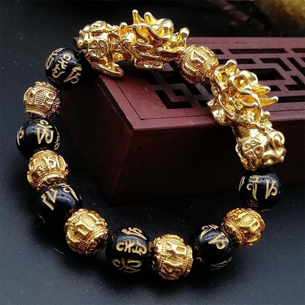 Pixiu Feng Shui Obsidian Bracelet Gold Dragon Luck Fortune Buddha Bead ...