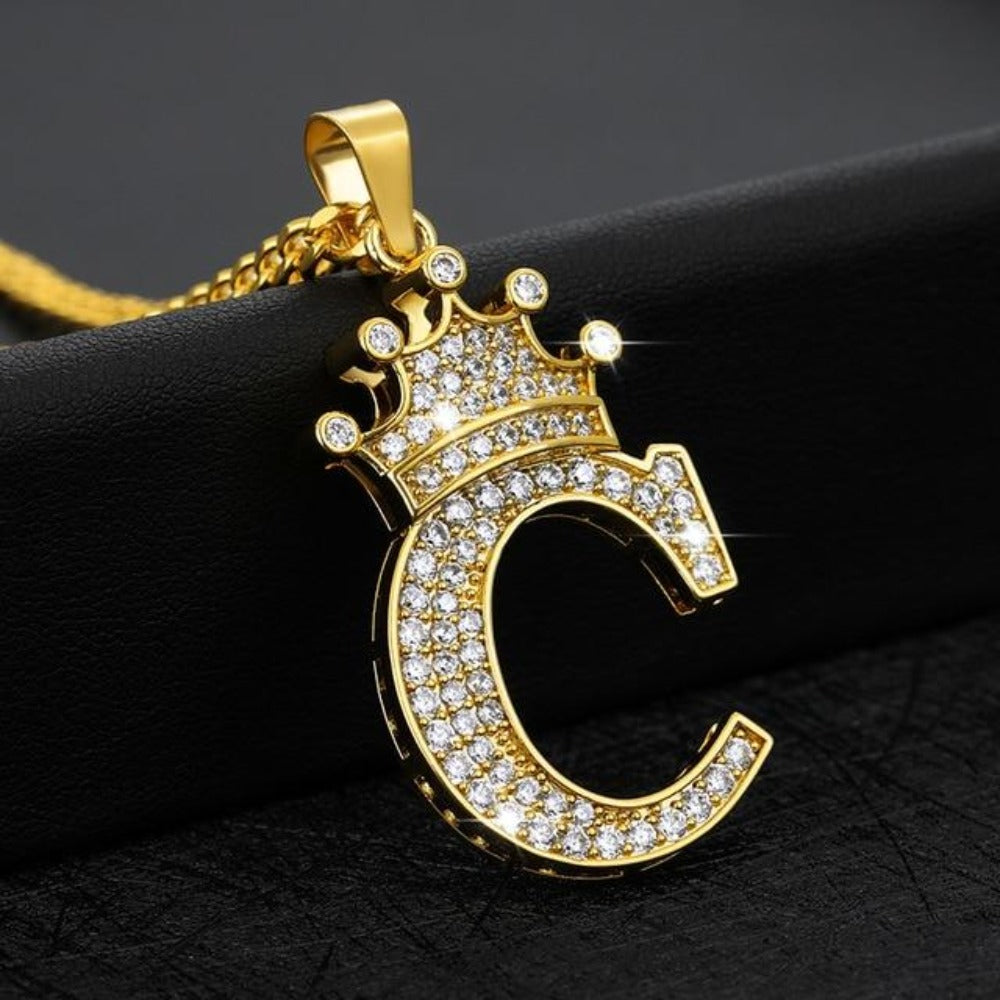 Letter Initial Necklace Name Gold Chain Ice Royal Crown Mothers Day Mom ...
