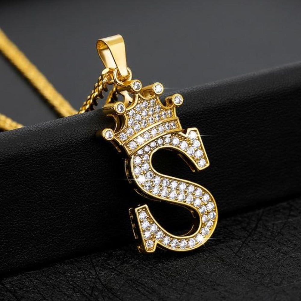 Letter Initial Necklace Name Gold Chain Ice Royal Crown Mothers Day Mom ...