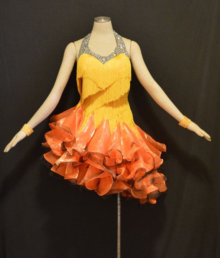 Flirty Fringe Yellow And Orange Rhythm Latin Ballroom Dance Dress