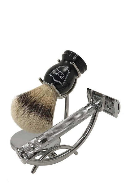 black Silvertip Parker shave brush set with razor and stand
