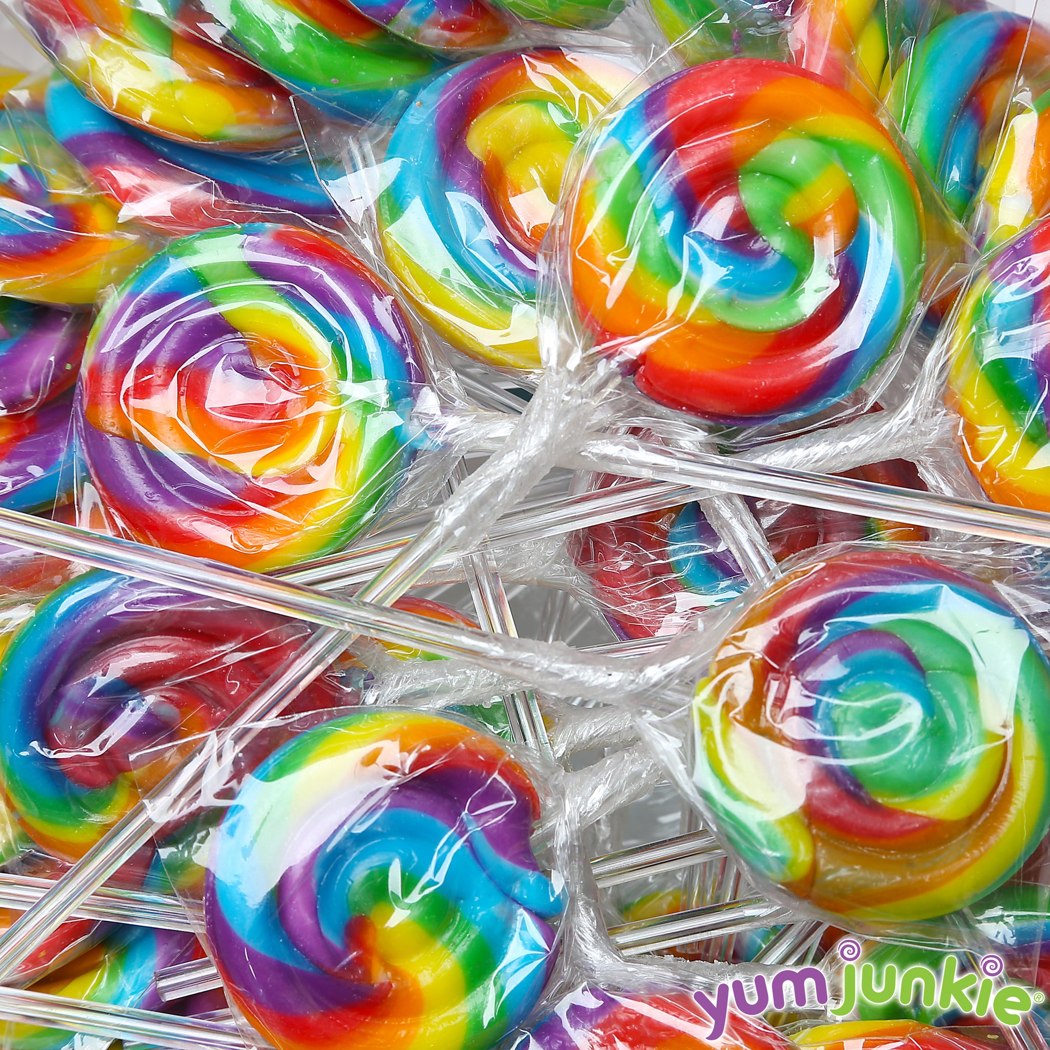 Rainbow Swirl Lollipops with Clear Plastic Sticks – YumJunkie