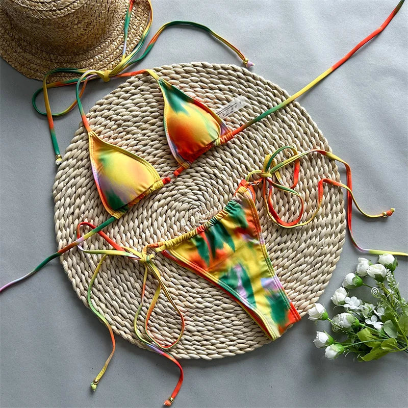 Print Halter Swimwear Drawstring Bikini Sets 2024 Sexy Bandage Women Swimsuit Brazilian Biquini Micro Bathing Suit