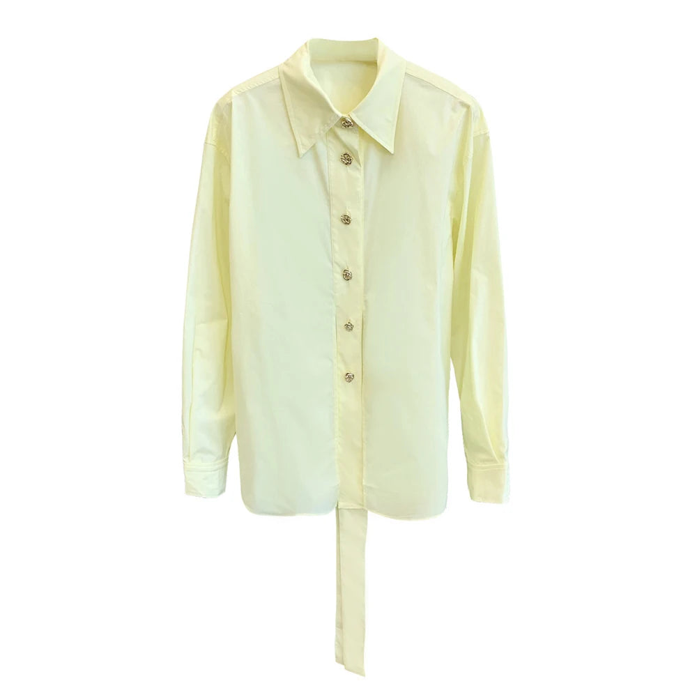 Great Value Single Breasted Shirt For Women Lapel Long Sleeve Lace Up Split Solid Blouses Female Autumn Clothing Fashion Quick Value