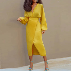 2 Pieces Skirts Bottoms Set for Woman 2025 Autumn Spring Yellow Long Sleeves Tops Split-Front 2 Piece Sets Woman Outfit - wanahavit