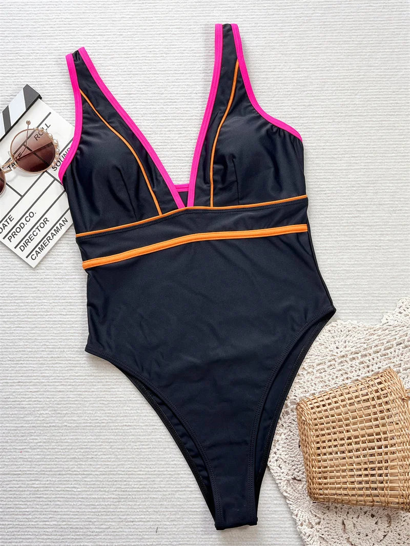 Sexy Deep V Neck Patchwork One Piece Swimsuit 2025 Swimwear for Women Splicing Bathing Suit High Waist Monokini