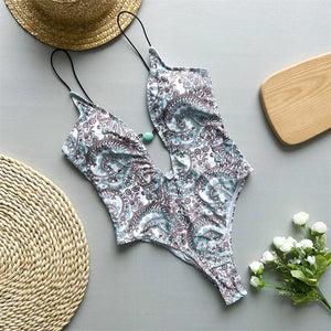 Sexy Print Deep V Neck Women Swimwear Hollow Out One Piece Swimsuit Female Monokini Backless Bathing Suit - wanahavit