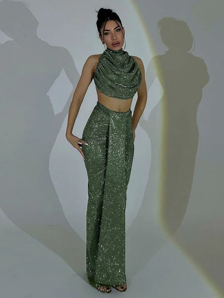 Flash Buy Elegant Sleeveless Half High Collar High Waist Sexy Tight Women Two Piece Set Sexy Open Navel Shining Female Partywear Top Save