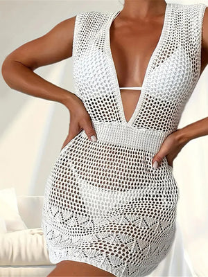 New Deep V Neck Backless Hollow Out Crochet Knitted Tunic Beach Cover Up Cover-ups Beach Dress Beach Wear Beachwear Female V6180 - wanahavit