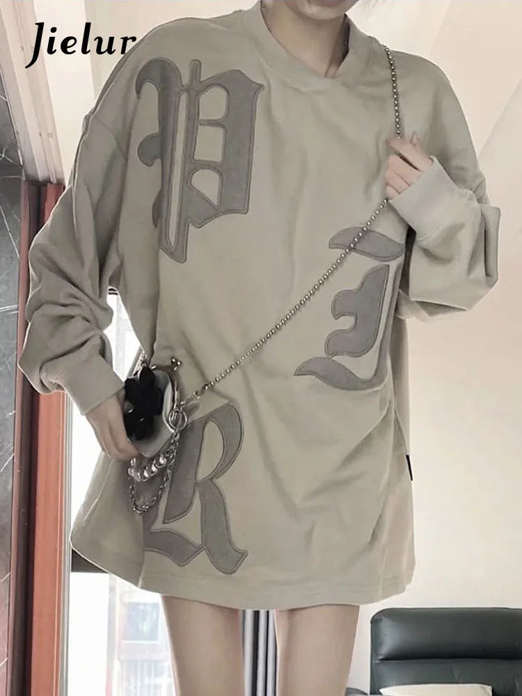Clearance Solid Color Embroidery Loose Female Hoodies Casual Office Ladies O-neck Pullovers Simple Women Hoodie Fashion Streetwear Mega Buy