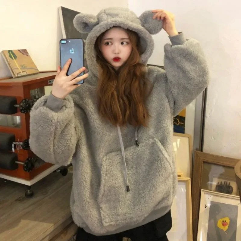 2024 Women Clothing Oversized Hoodies Y2k Tops Streetwear Rabbit Ears Hooded Sweatshirts Thicked Casual Chic Hoodie Ropa Mujer
