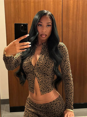 2 Piece Set Leopard Print Woman Button-Down Mini Long-Sleeved Top+Cropped Trousers Sexy Comfortable Wild Midnight Suit - wanahavit