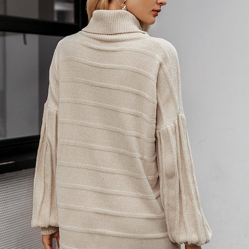 Turtleneck Knitted Sweater Winter Casual Lantern Sleeve Elegant Soft P ...
