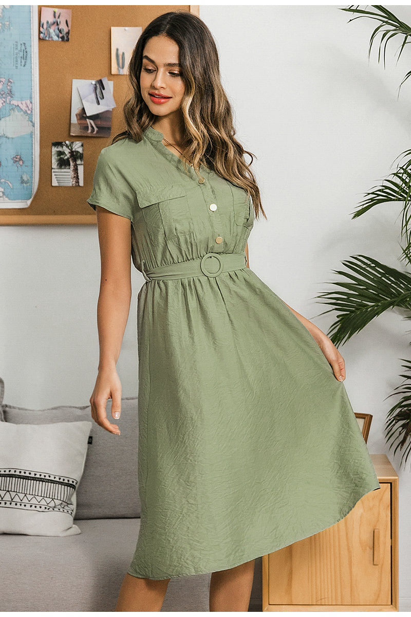 V-Neck Solid Vintage Elegant Button Belt Midi Summer Dress - wanahavit